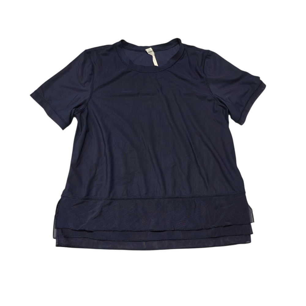 Lululemon Athletica Top Women 4 Navy Blue Mesh Layered Hem Short Sleeve Active
